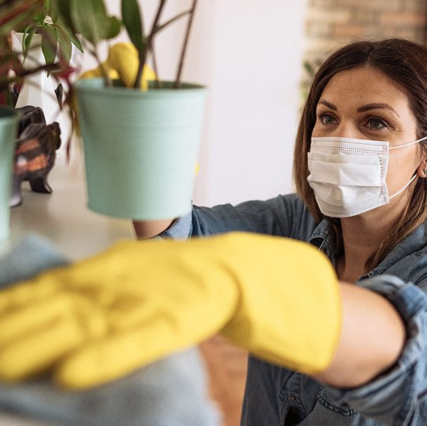 A woman cleans a shelf