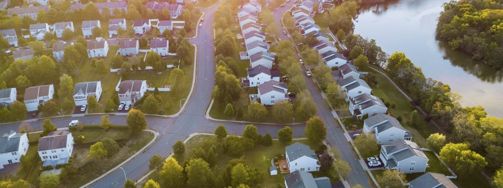 Aerial view of houses current or behind on mortgage payments